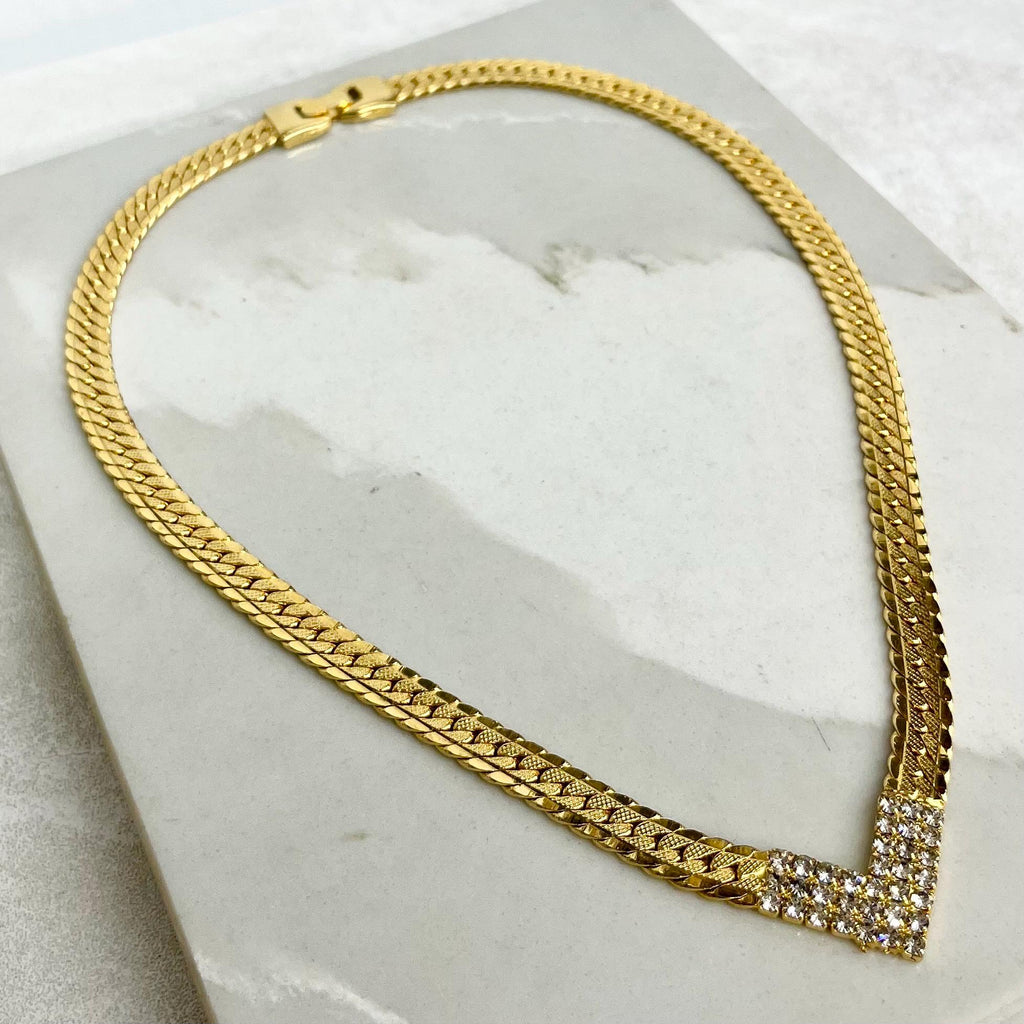 Vintage V Neck Flat Textured Curb Chain Collar Necklace with Diamante Crystal Accents Gold Plate 1970’s - 1980’s Statement Power Chain 17” MillyOliverVintage