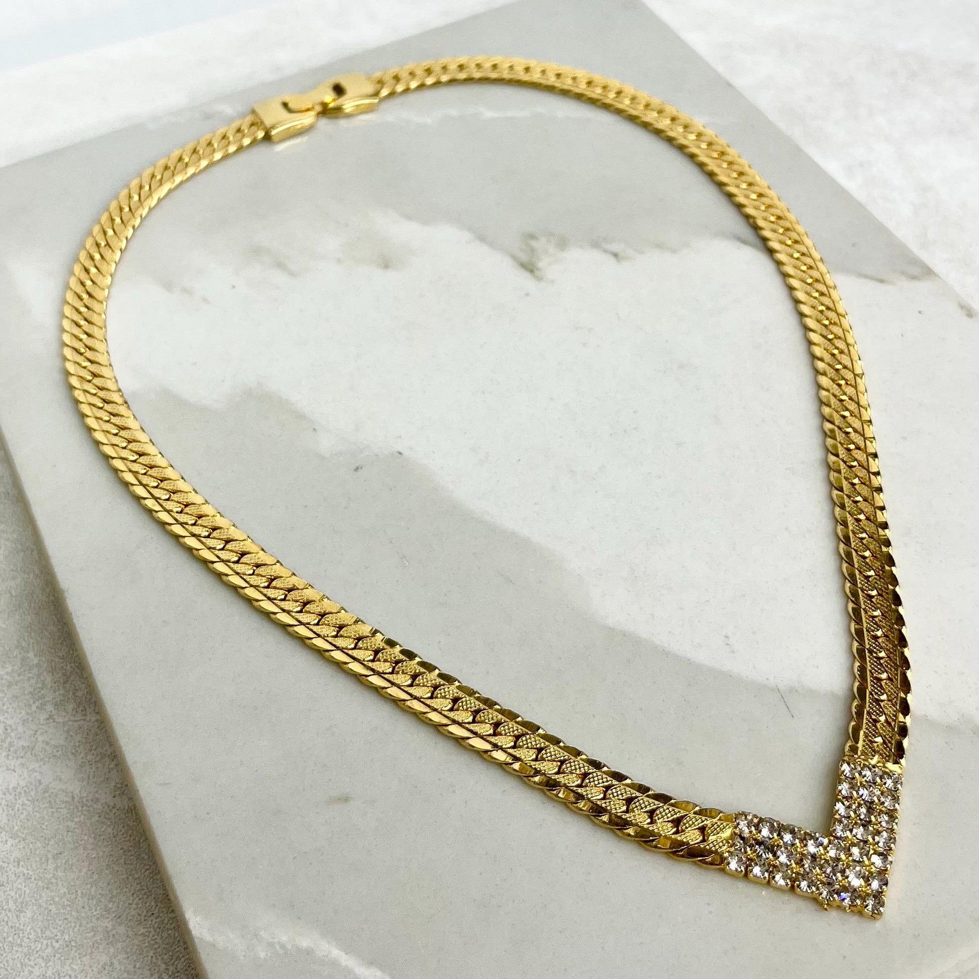 Vintage V Neck Flat Textured Curb Chain Collar Necklace with Diamante Crystal Accents Gold Plate 1970’s - 1980’s Statement Power Chain 17” MillyOliverVintage