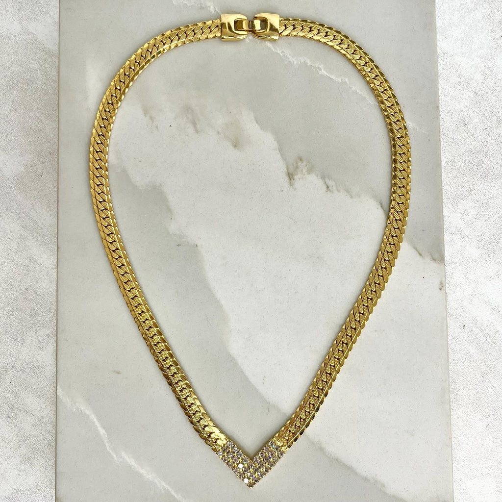 Vintage V Neck Flat Textured Curb Chain Collar Necklace with Diamante Crystal Accents Gold Plate 1970’s - 1980’s Statement Power Chain 17” MillyOliverVintage