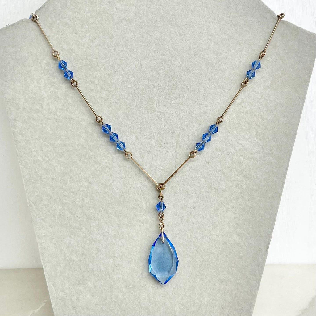 Art Deco Sapphire Blue Czech Glass Crystal Drop Necklace Rolled Gold 16” Long MillyOliverVintage