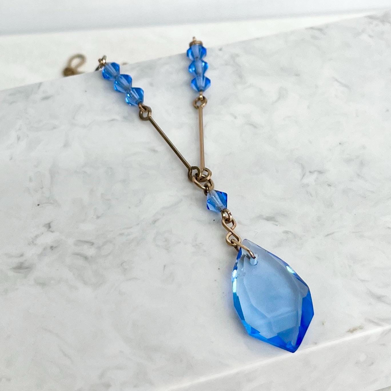 Art Deco Sapphire Blue Czech Glass Crystal Drop Necklace Rolled Gold 16” Long MillyOliverVintage