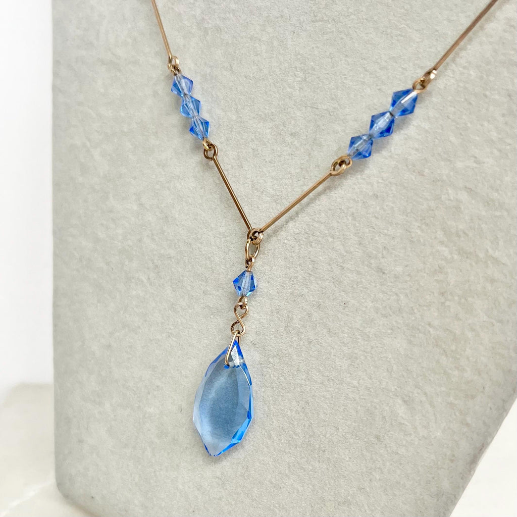 Art Deco Sapphire Blue Czech Glass Crystal Drop Necklace Rolled Gold 16” Long MillyOliverVintage