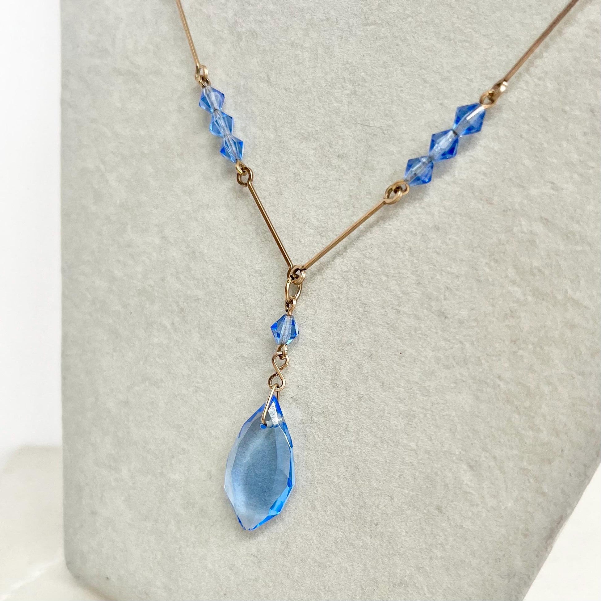 Art Deco Sapphire Blue Czech Glass Crystal Drop Necklace Rolled Gold 16” Long MillyOliverVintage