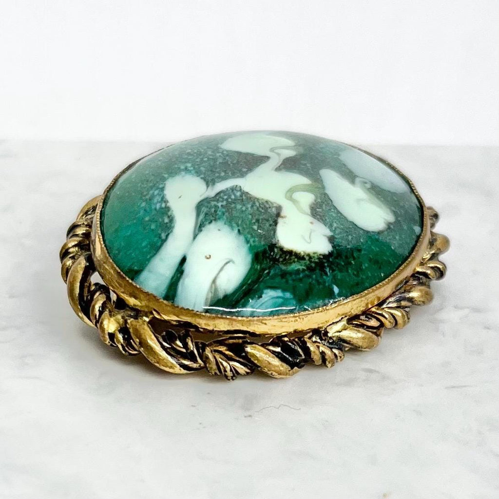 Vintage Large Gold Tone Oval Mottled Green Glass Cabochon Brooch MillyOliverVintage