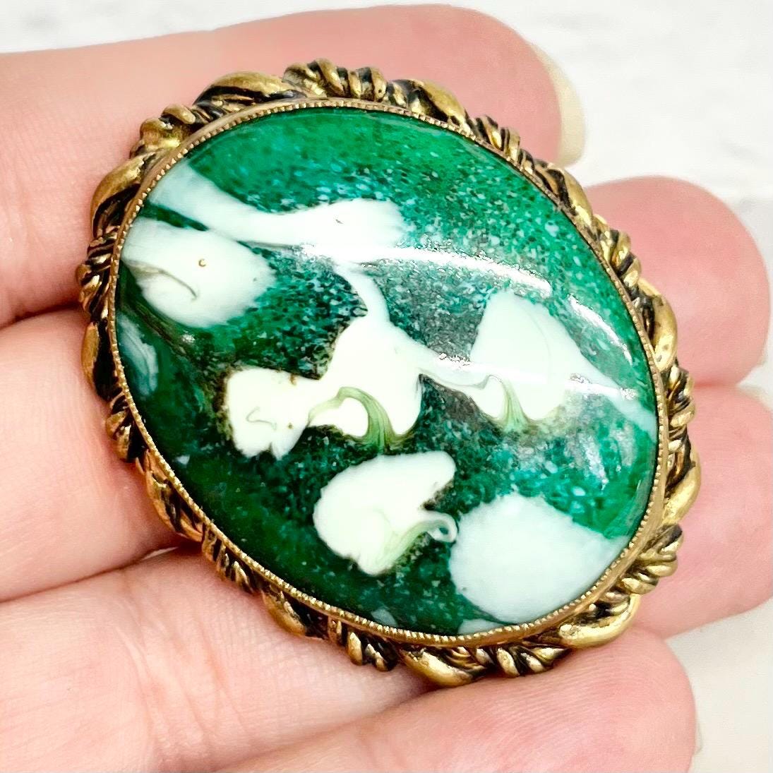 Vintage Large Gold Tone Oval Mottled Green Glass Cabochon Brooch MillyOliverVintage