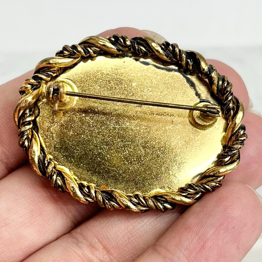 Vintage Large Gold Tone Oval Mottled Green Glass Cabochon Brooch MillyOliverVintage