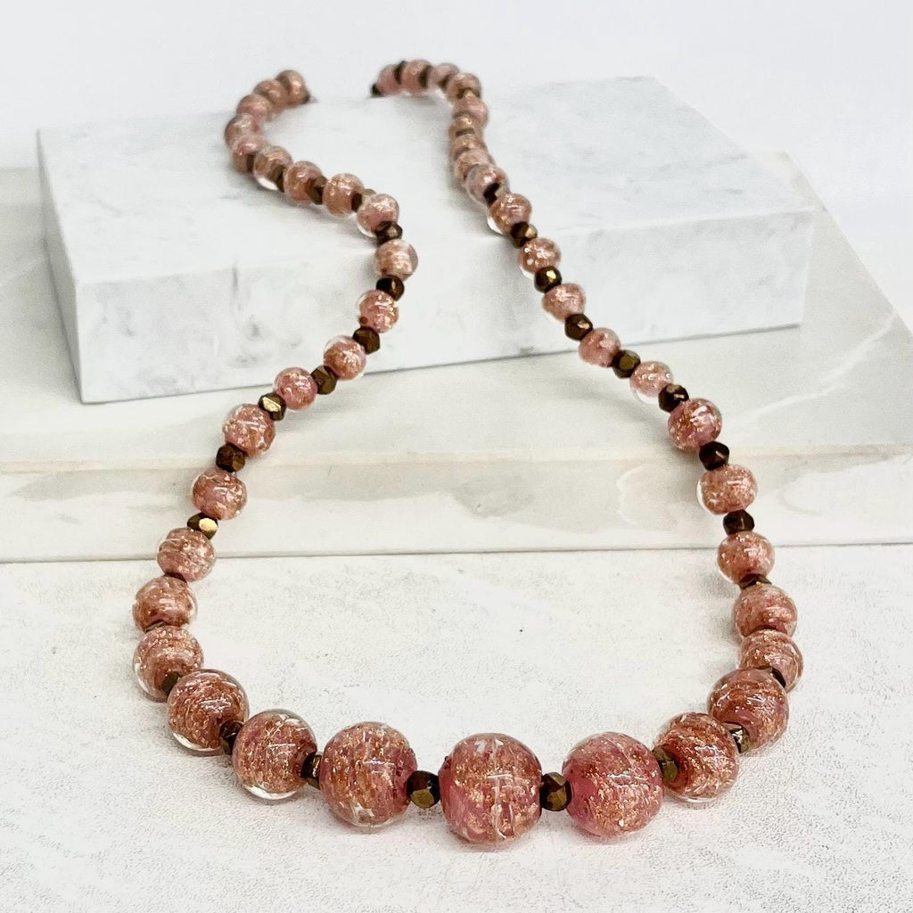 Vintage Pink & Gold Aventurine Glass Bead Necklace 23” Long Handmade Lampwork Beads Copper Coloured Accents MillyOliverVintage