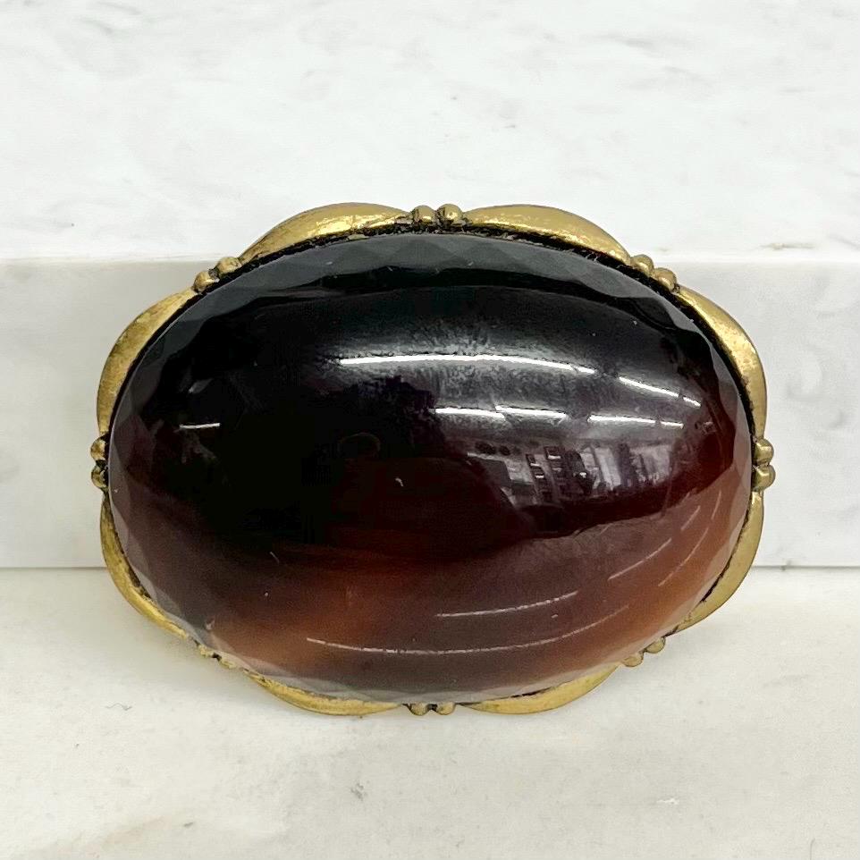 Vintage Large Gold Tone Oval Brown Faux Agate Glass Cabochon Brooch MillyOliverVintage