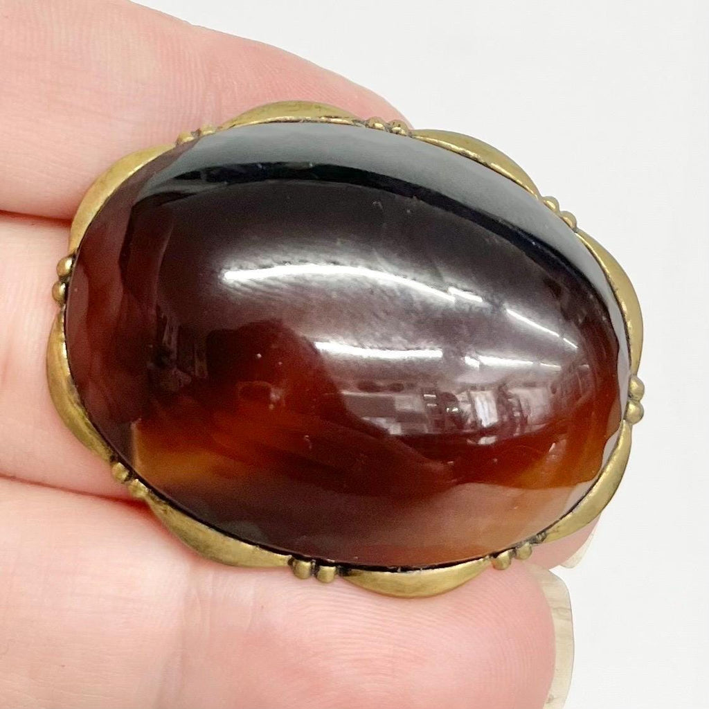 Vintage Large Gold Tone Oval Brown Faux Agate Glass Cabochon Brooch MillyOliverVintage