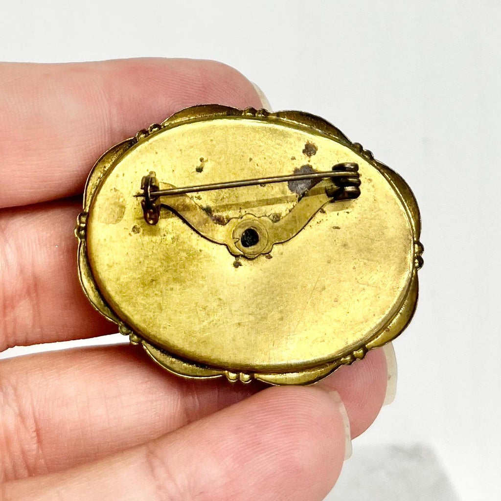 Vintage Large Gold Tone Oval Brown Faux Agate Glass Cabochon Brooch MillyOliverVintage