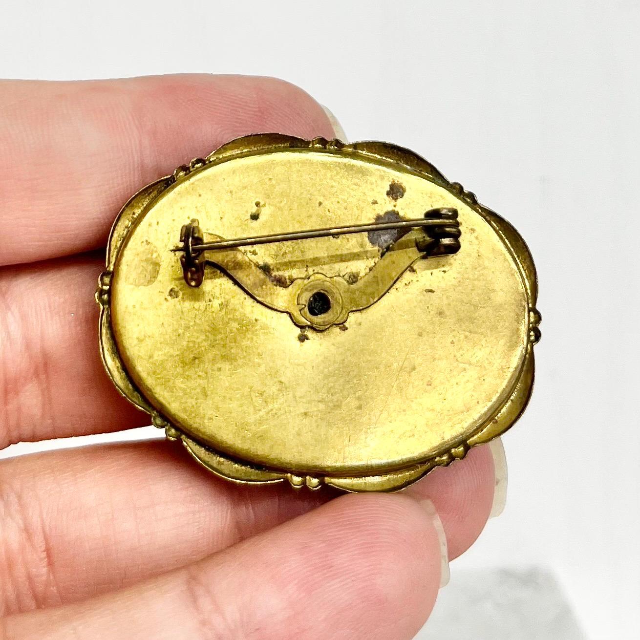 Vintage Large Gold Tone Oval Brown Faux Agate Glass Cabochon Brooch MillyOliverVintage