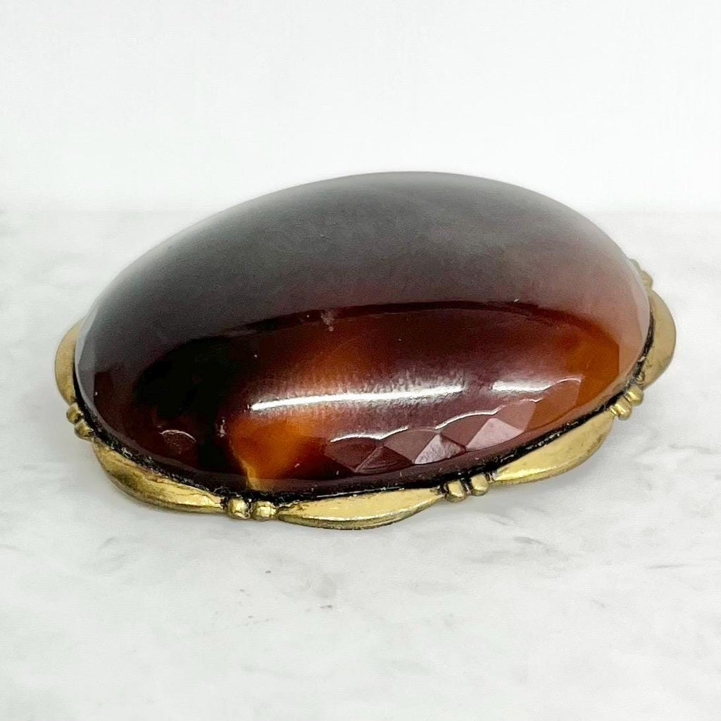 Vintage Large Gold Tone Oval Brown Faux Agate Glass Cabochon Brooch MillyOliverVintage