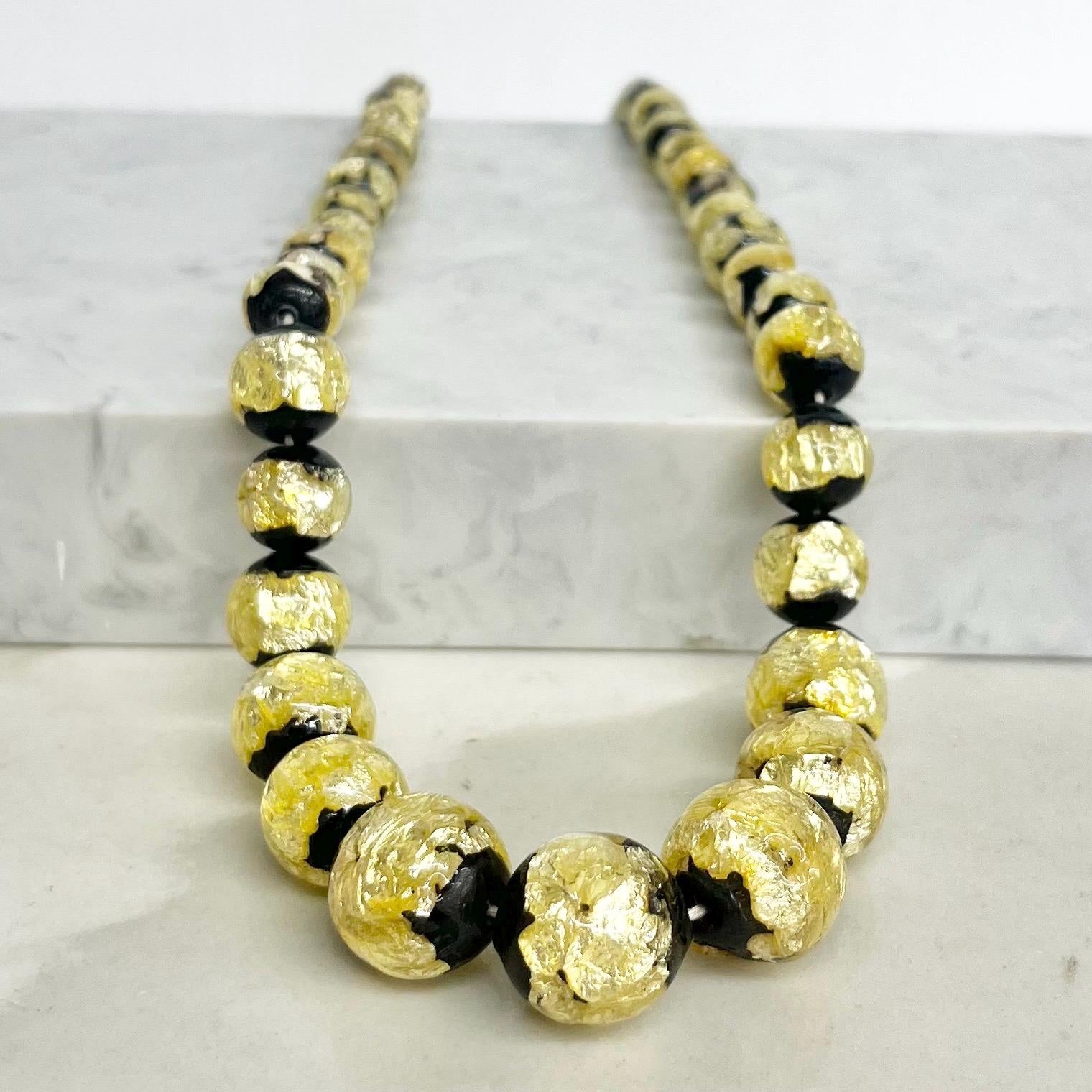 Vintage Black and Yellow Foil Murano Glass Uranium Graduated Lampwork Bead Necklace Beads Bright Green UV Reactive Glow 18” MillyOliverVintage