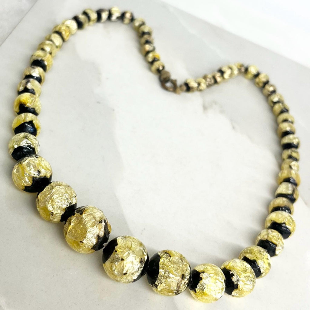 Vintage Black and Yellow Foil Murano Glass Uranium Graduated Lampwork Bead Necklace Beads Bright Green UV Reactive Glow 18” MillyOliverVintage