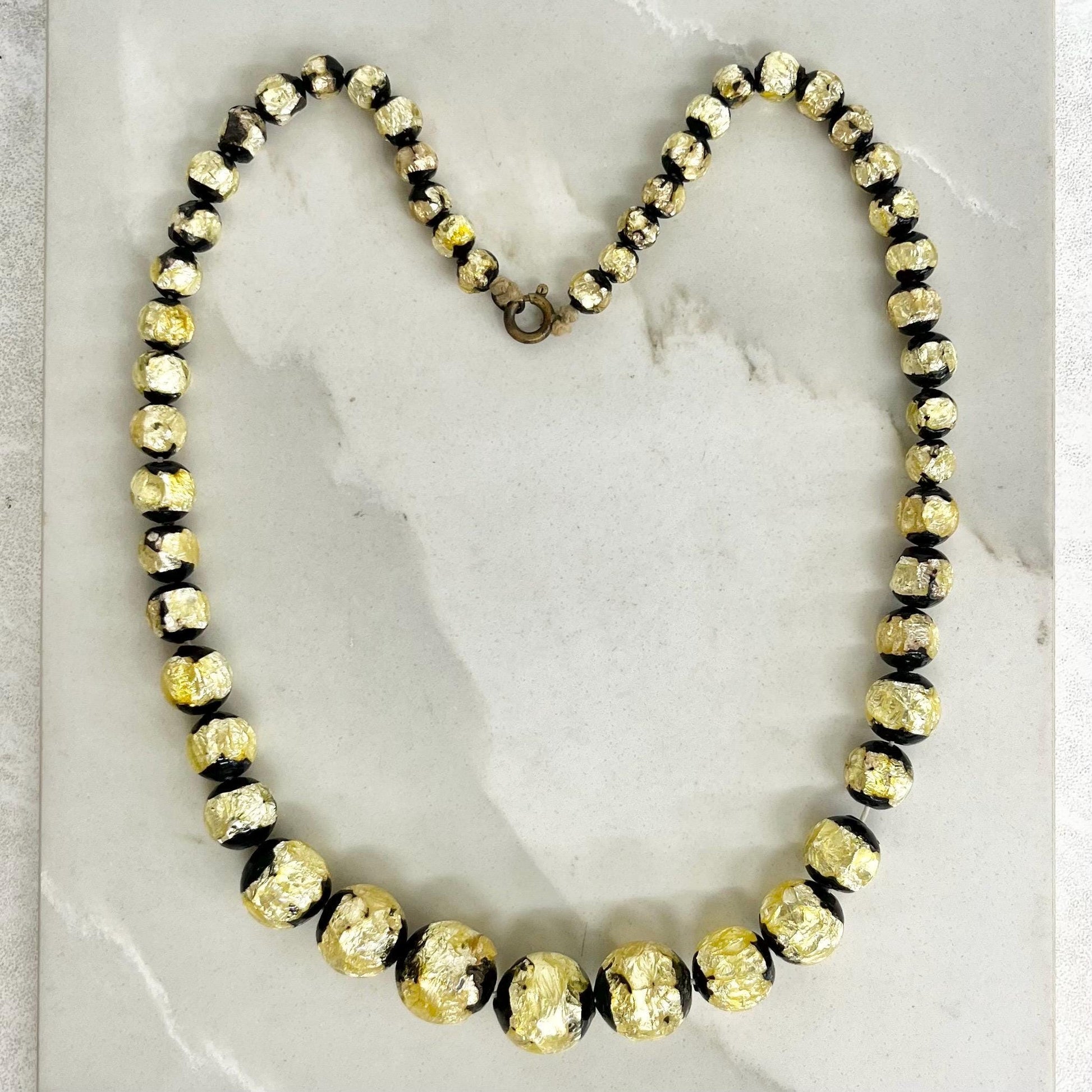 Vintage Black and Yellow Foil Murano Glass Uranium Graduated Lampwork Bead Necklace Beads Bright Green UV Reactive Glow 18” MillyOliverVintage