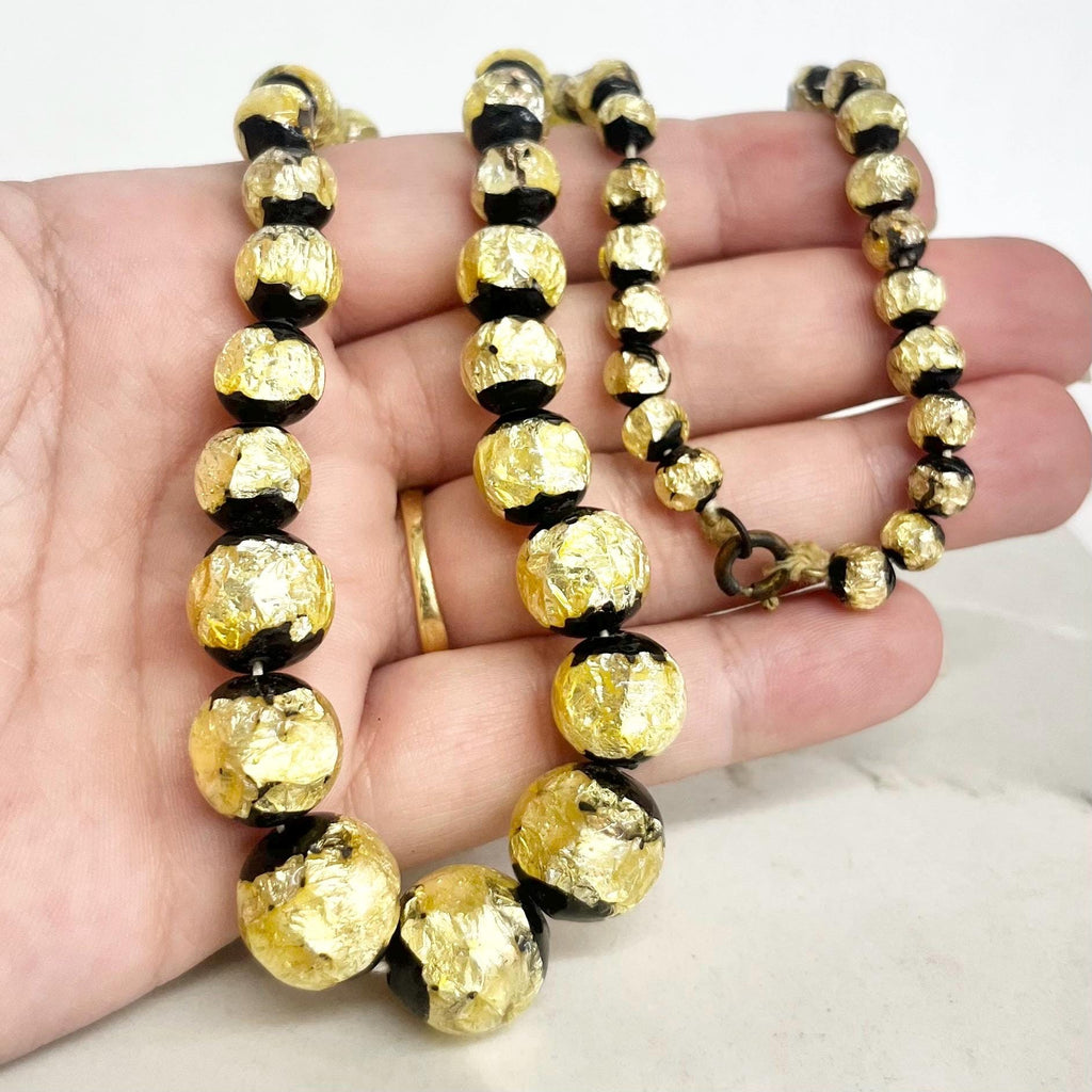 Vintage Black and Yellow Foil Murano Glass Uranium Graduated Lampwork Bead Necklace Beads Bright Green UV Reactive Glow 18” MillyOliverVintage