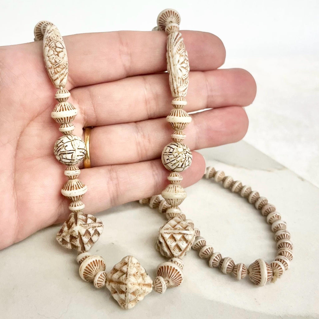 Vintage Max Neiger Cream Uranium Glass Bead Necklace, Egyptian Revival Jewellery 22” Long MillyOliverVintage