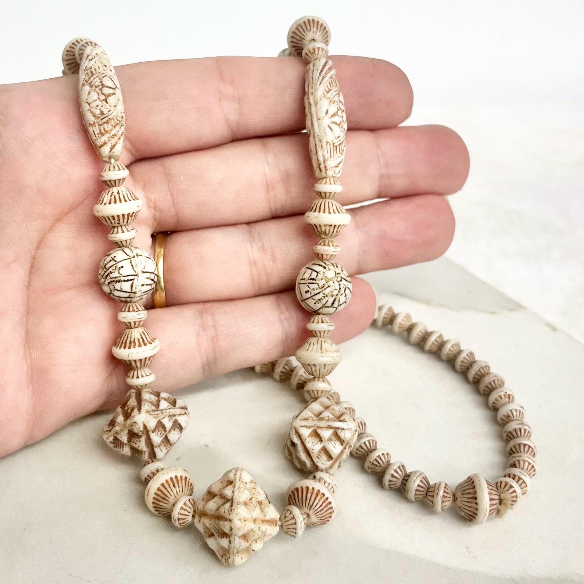 Vintage Max Neiger Cream Uranium Glass Bead Necklace, Egyptian Revival Jewellery 22” Long MillyOliverVintage