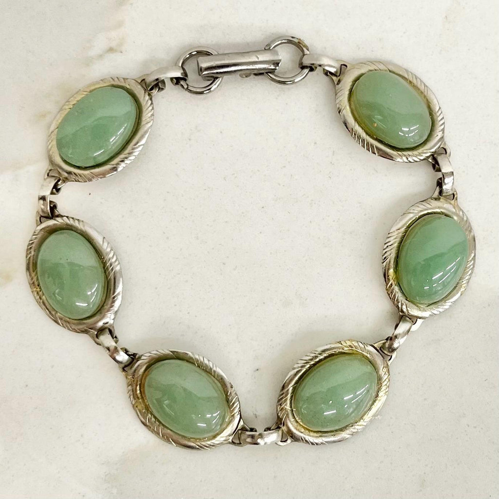 Vintage Silver Tone 1970’s 1980’s Green Aventurine Cabochon Bracelet Costume Jewellery 7.5” MillyOliverVintage
