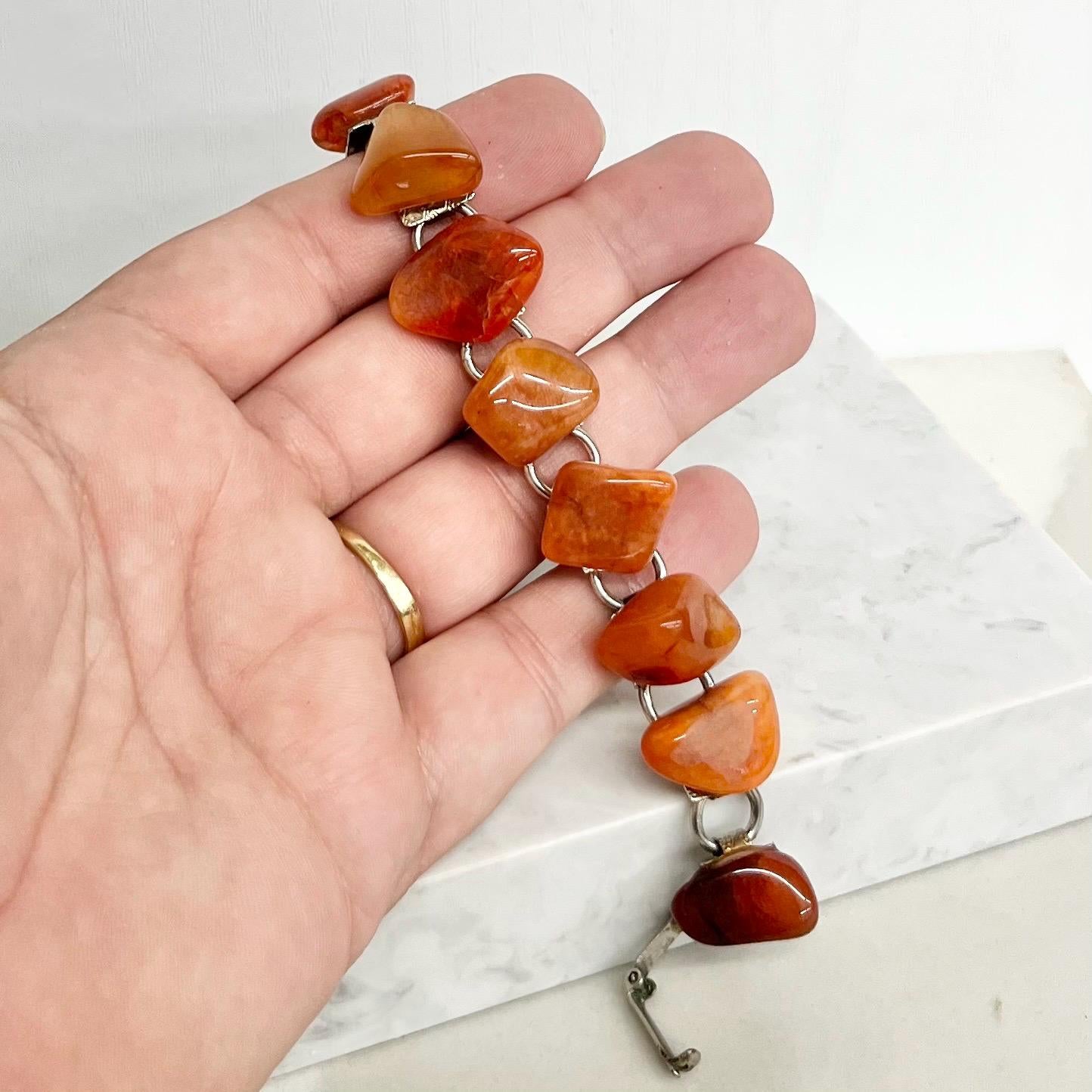 Vintage Orange Agate / Carnelian Silver Tone 1970’s Gemstone Stone Bracelet Semi Precious Costume Jewellery 7.5” (001) MillyOliverVintage