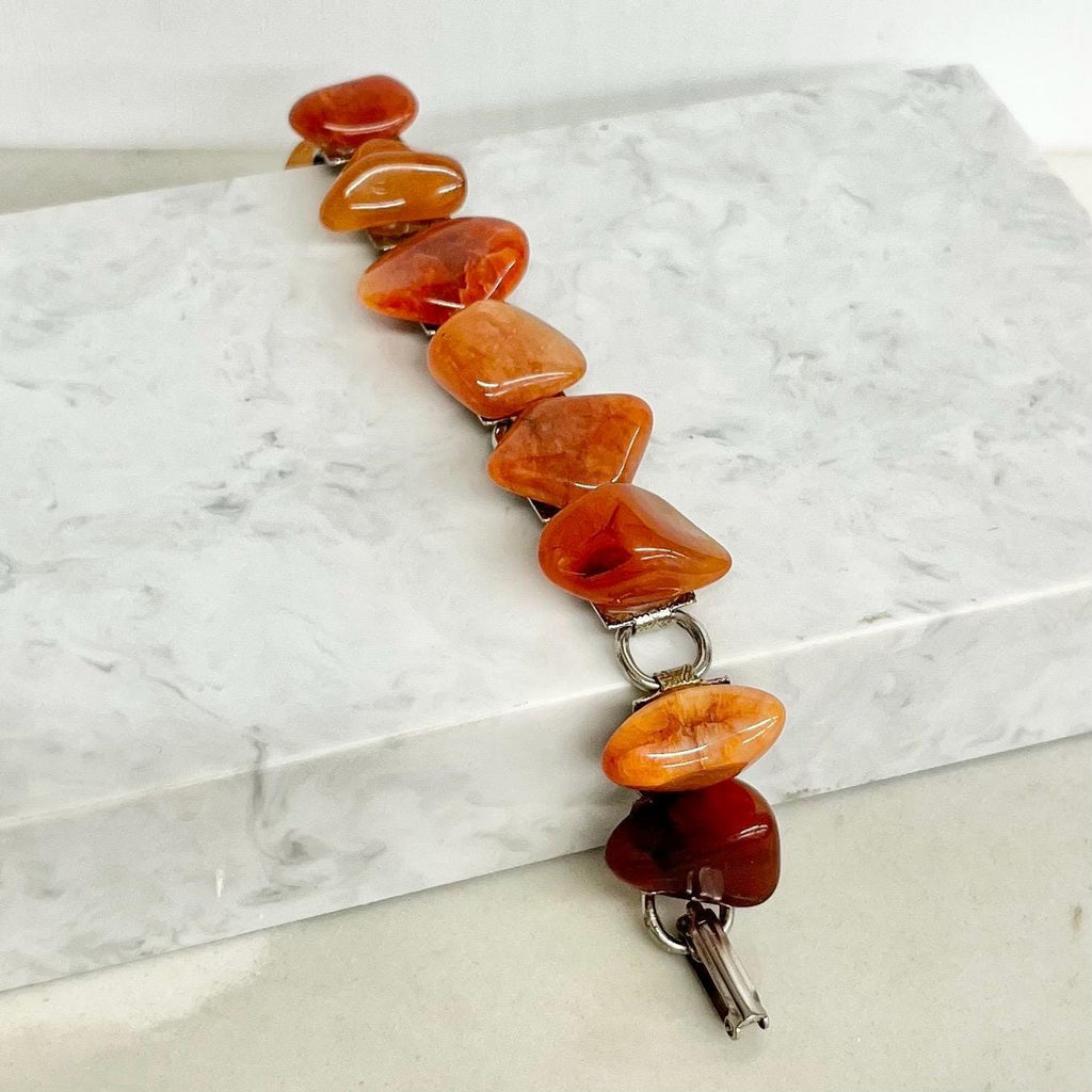 Vintage Orange Agate / Carnelian Silver Tone 1970’s Gemstone Stone Bracelet Semi Precious Costume Jewellery 7.5” (001) MillyOliverVintage