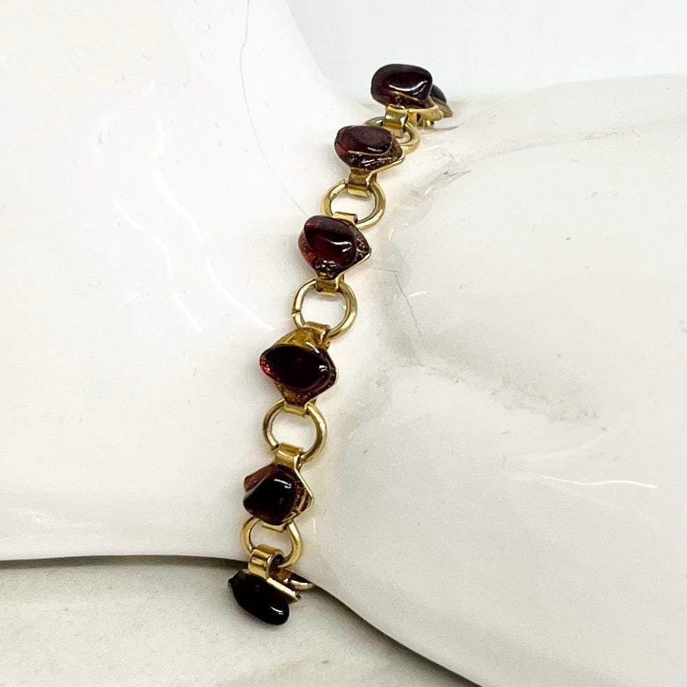 Vintage Garnet Nugget Gemstone Gold Tone 1970’s Stone Bracelet Semi Precious Costume Jewellery 8” MillyOliverVintage