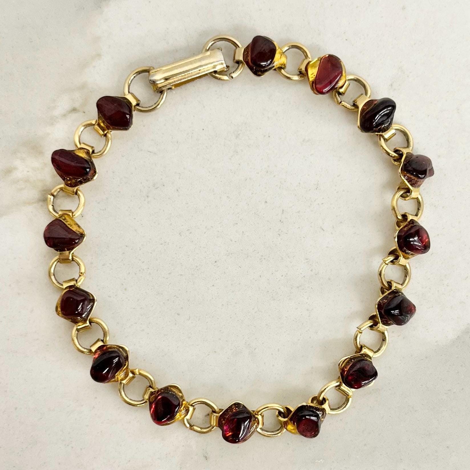 Vintage Garnet Nugget Gemstone Gold Tone 1970’s Stone Bracelet Semi Precious Costume Jewellery 8” MillyOliverVintage