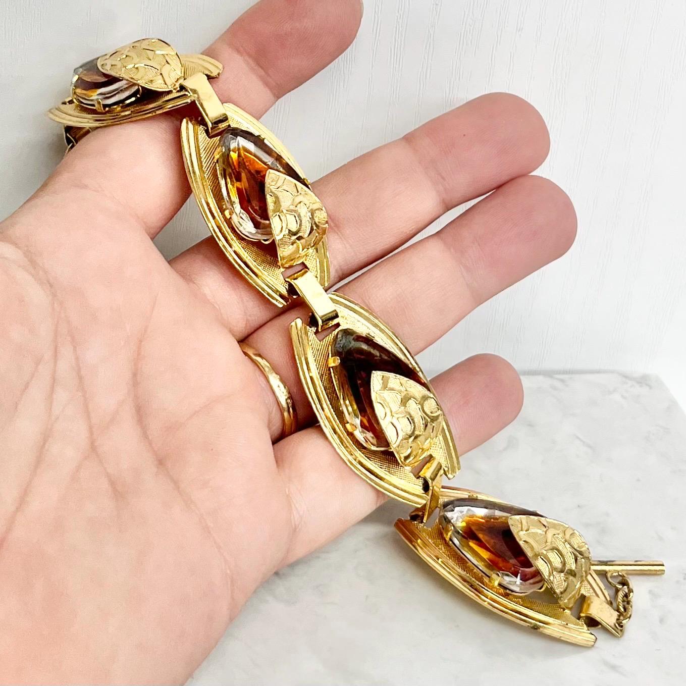 Vintage Unusual 1970’s Bracelet Gold Plate with Topaz Coloured Glass Stones Fabulous Modernist Design with a Toggle Clasp MillyOliverVintage
