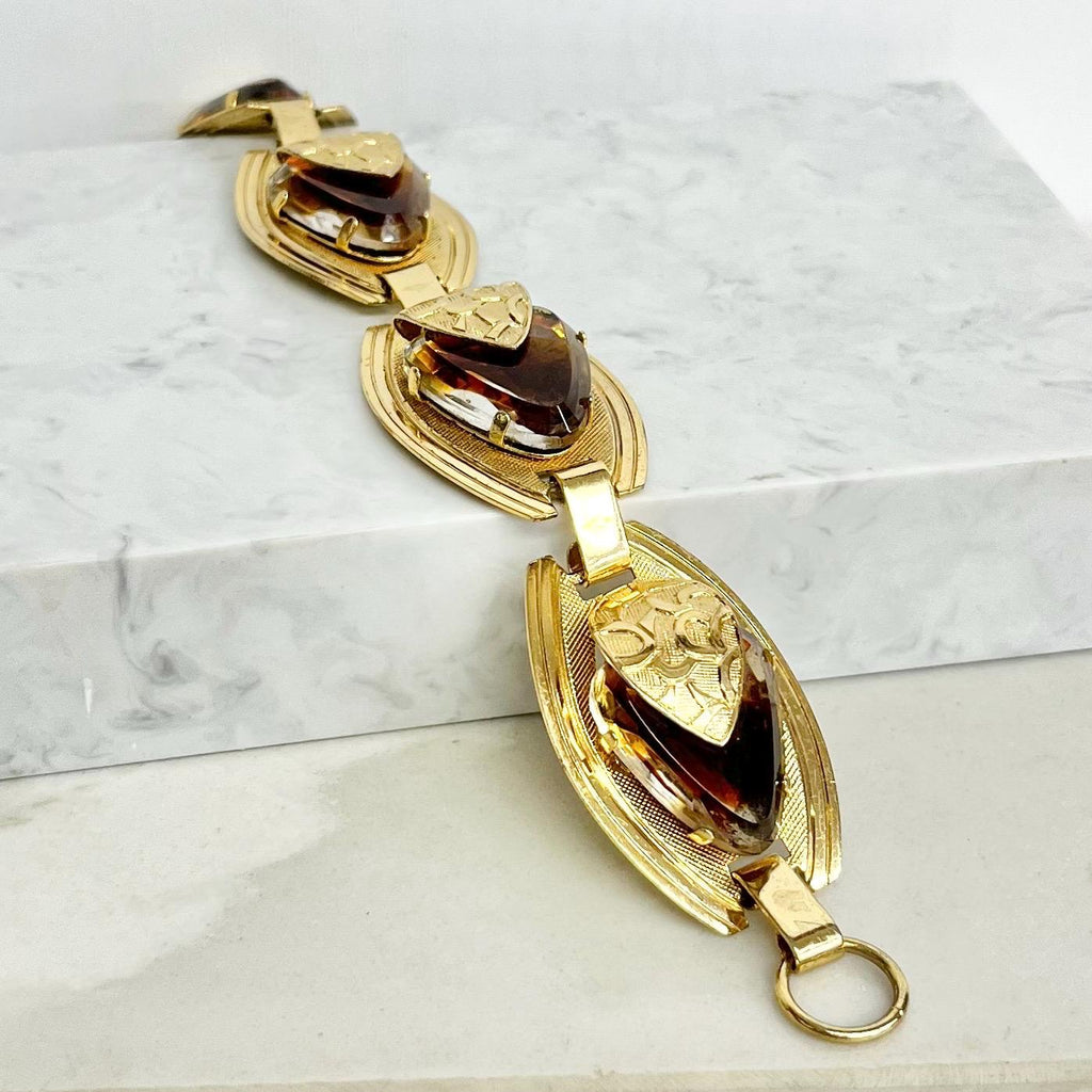 Vintage Unusual 1970’s Bracelet Gold Plate with Topaz Coloured Glass Stones Fabulous Modernist Design with a Toggle Clasp MillyOliverVintage