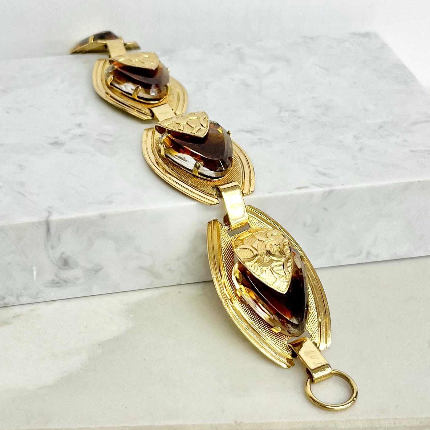 Vintage Unusual 1970’s Bracelet Gold Plate with Topaz Coloured Glass Stones Fabulous Modernist Design with a Toggle Clasp MillyOliverVintage