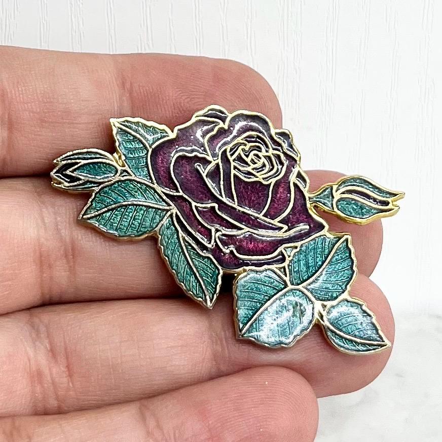 Vintage Gold Tone Cloisonne Enamel Red Rose Brooch Excellent Quality Costume Jewellery Statement Piece MillyOliverVintage