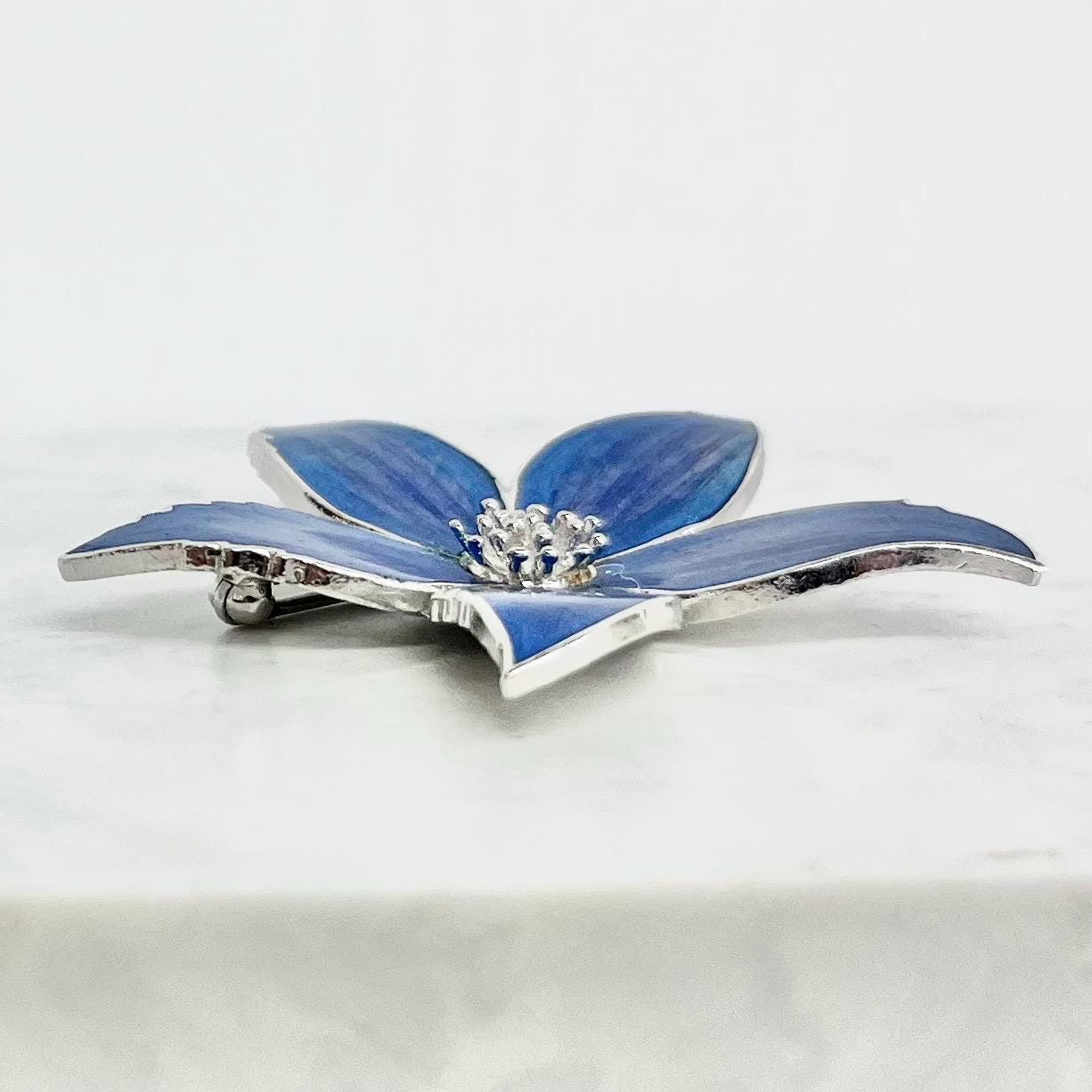 Vintage Silver Tone Cloisonne Enamel Blue Tropical Flower Brooch Excellent Quality Costume Jewellery Statement Piece MillyOliverVintage