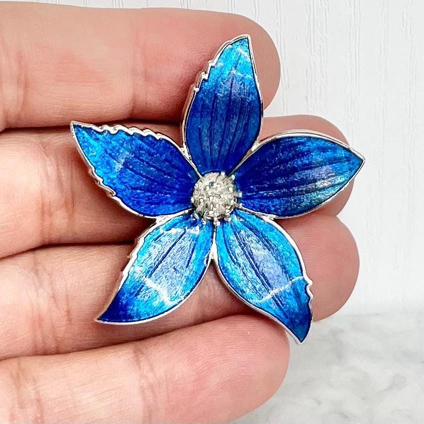 Vintage Silver Tone Cloisonne Enamel Blue Tropical Flower Brooch Excellent Quality Costume Jewellery Statement Piece MillyOliverVintage