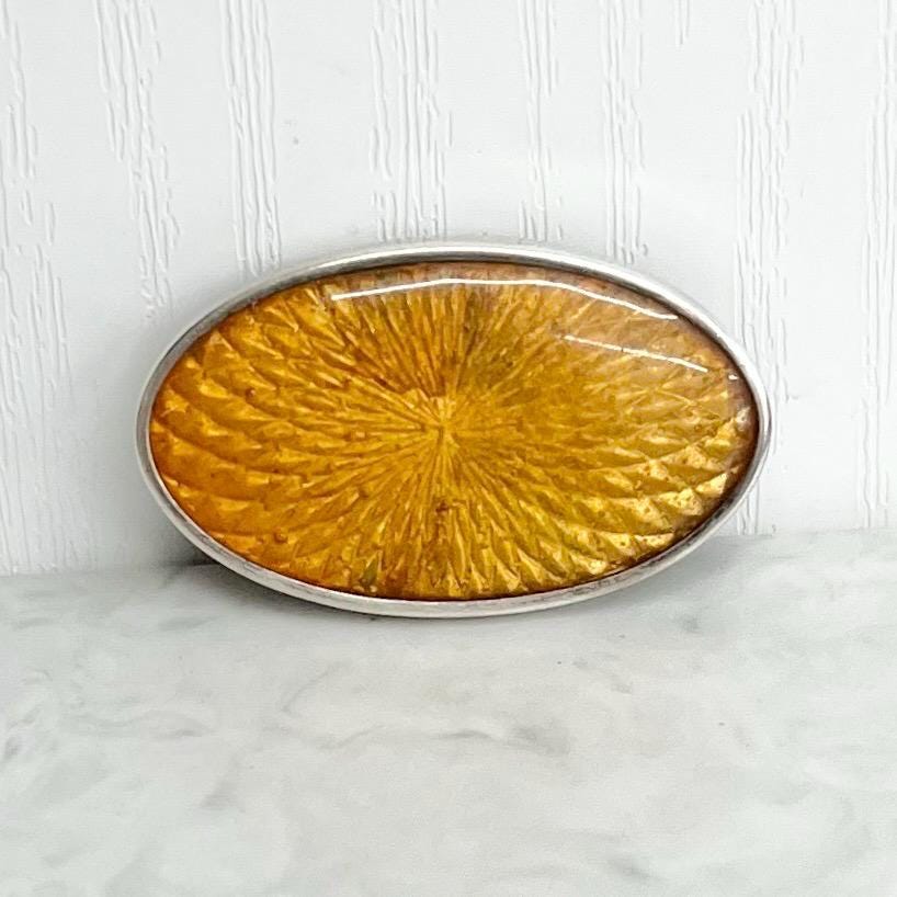 Antique 1930’s Oval Sterling Silver Mounted Yellow Guilloche Enamel Brooch MillyOliverVintage