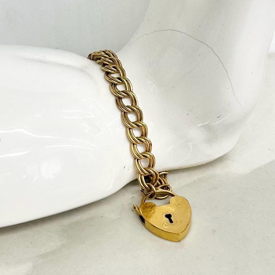 Vintage 9ct Rolled Gold Heart Padlock Bracelet on a Double Curb Chain MillyOliverVintage