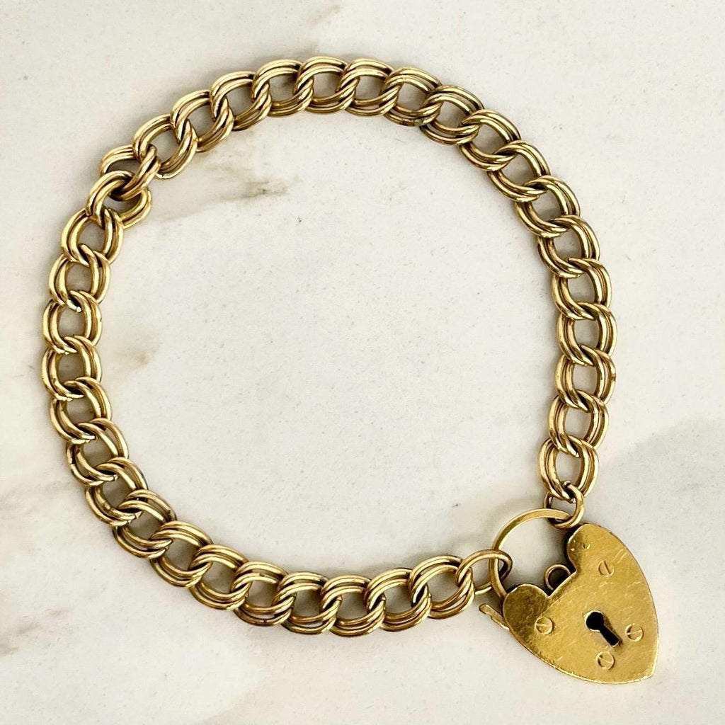 Vintage 9ct Rolled Gold Heart Padlock Bracelet on a Double Curb Chain MillyOliverVintage