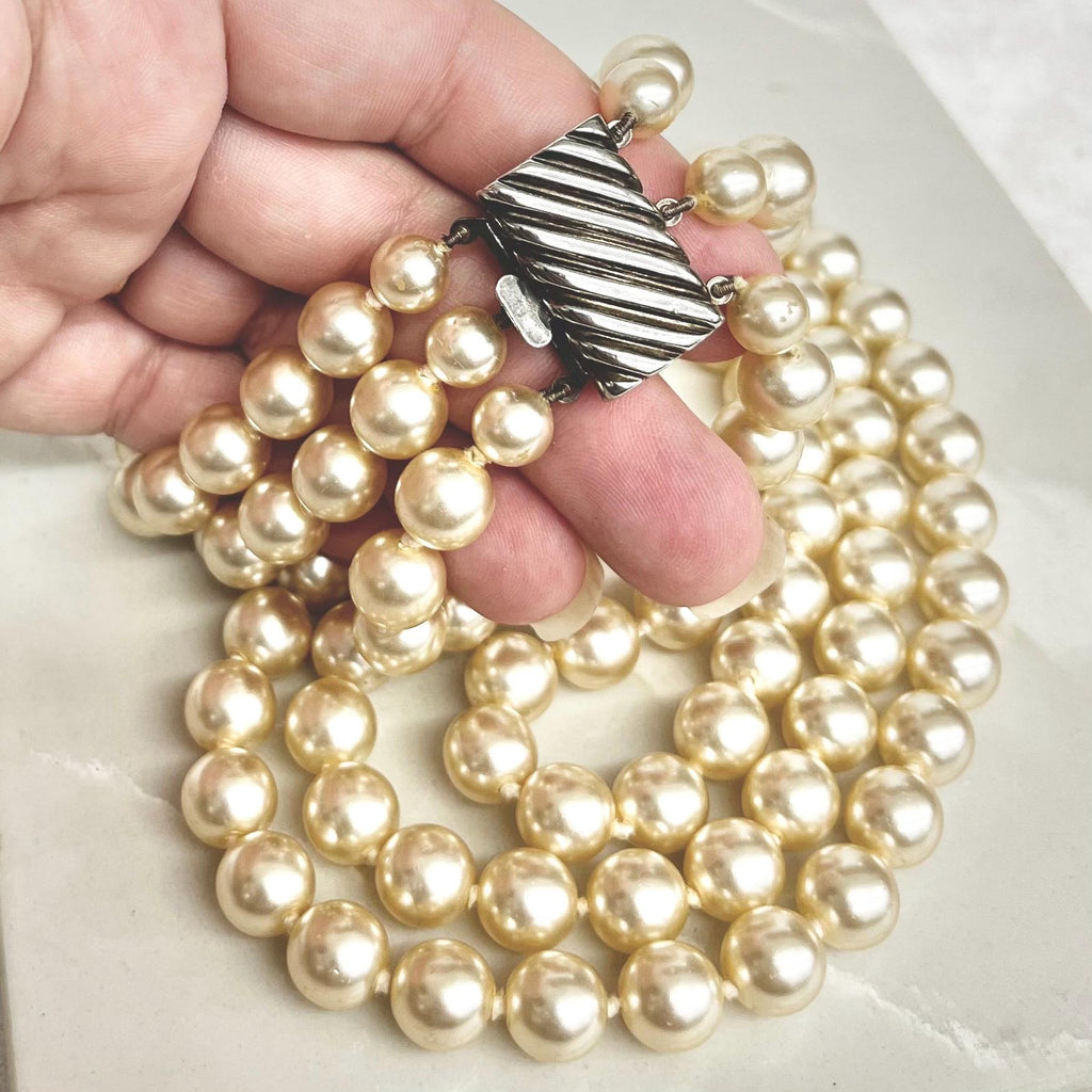 Vintage Three Strand Glass Pearl Bead Necklace with a Chunky Silver Box Clasp MillyOliverVintage
