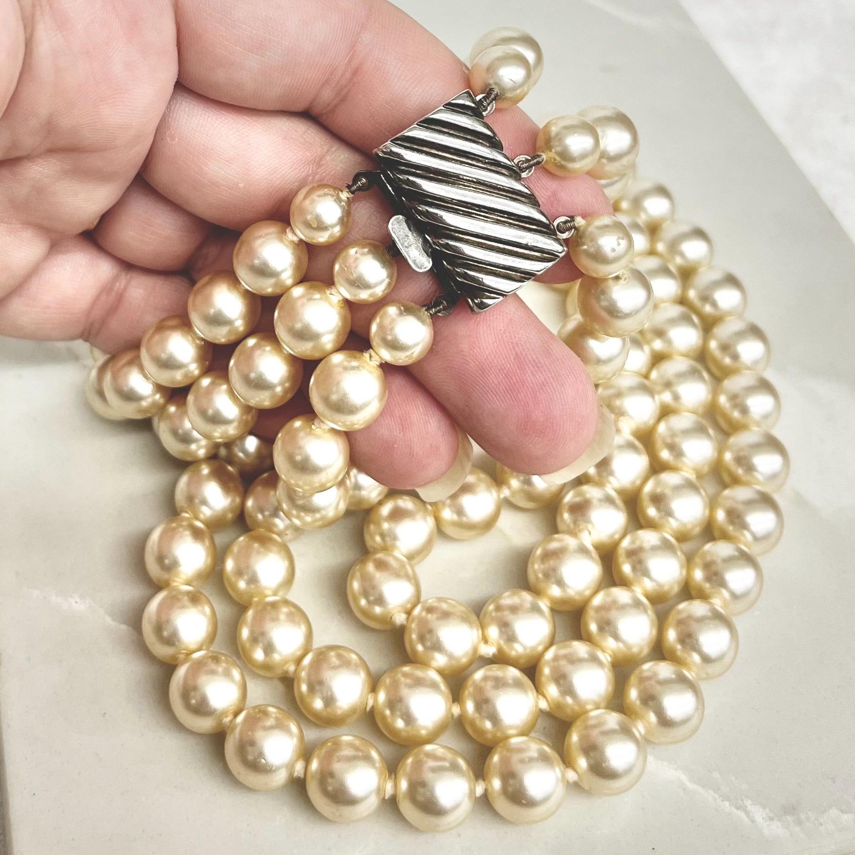 Vintage Three Strand Glass Pearl Bead Necklace with a Chunky Silver Box Clasp MillyOliverVintage