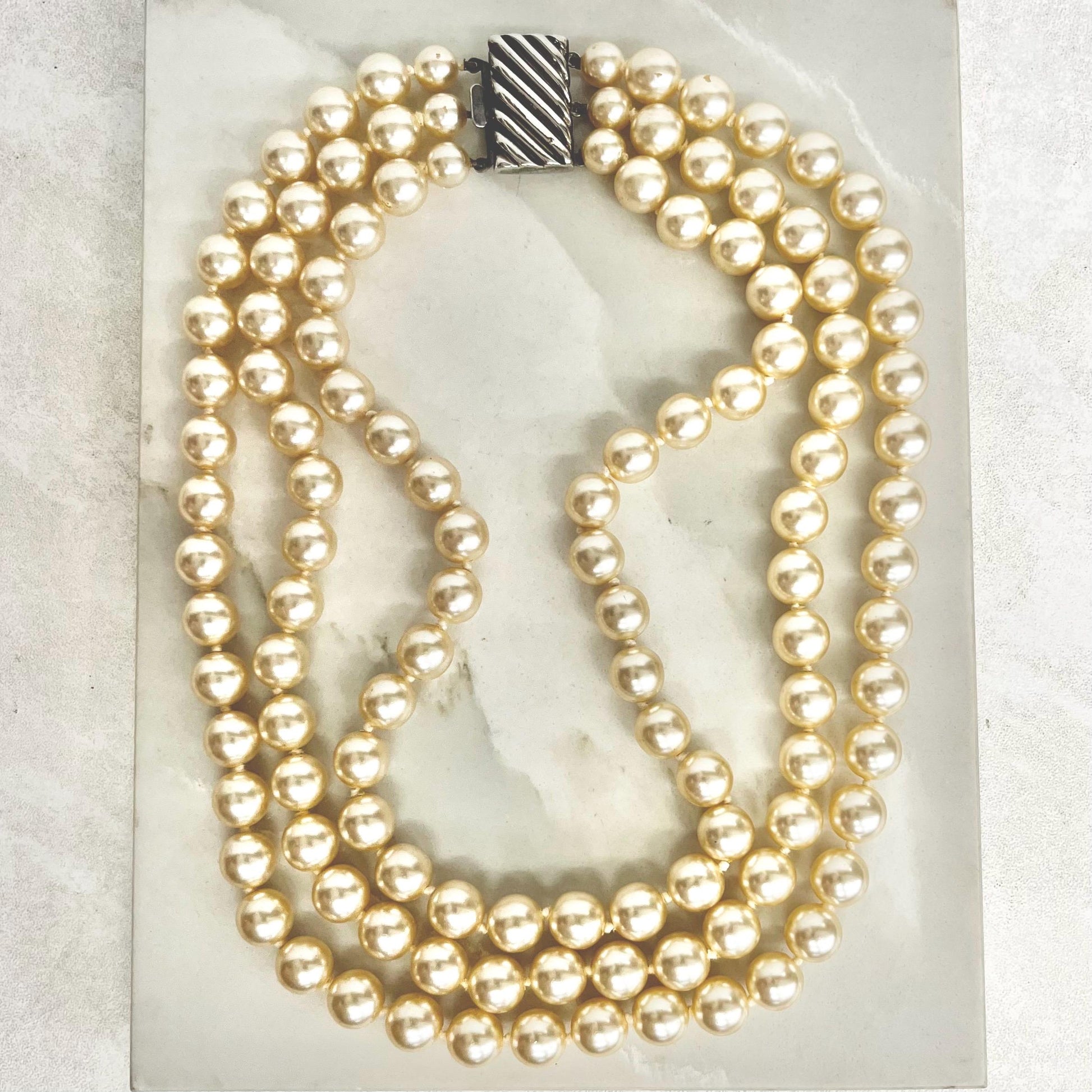 Vintage Three Strand Glass Pearl Bead Necklace with a Chunky Silver Box Clasp MillyOliverVintage