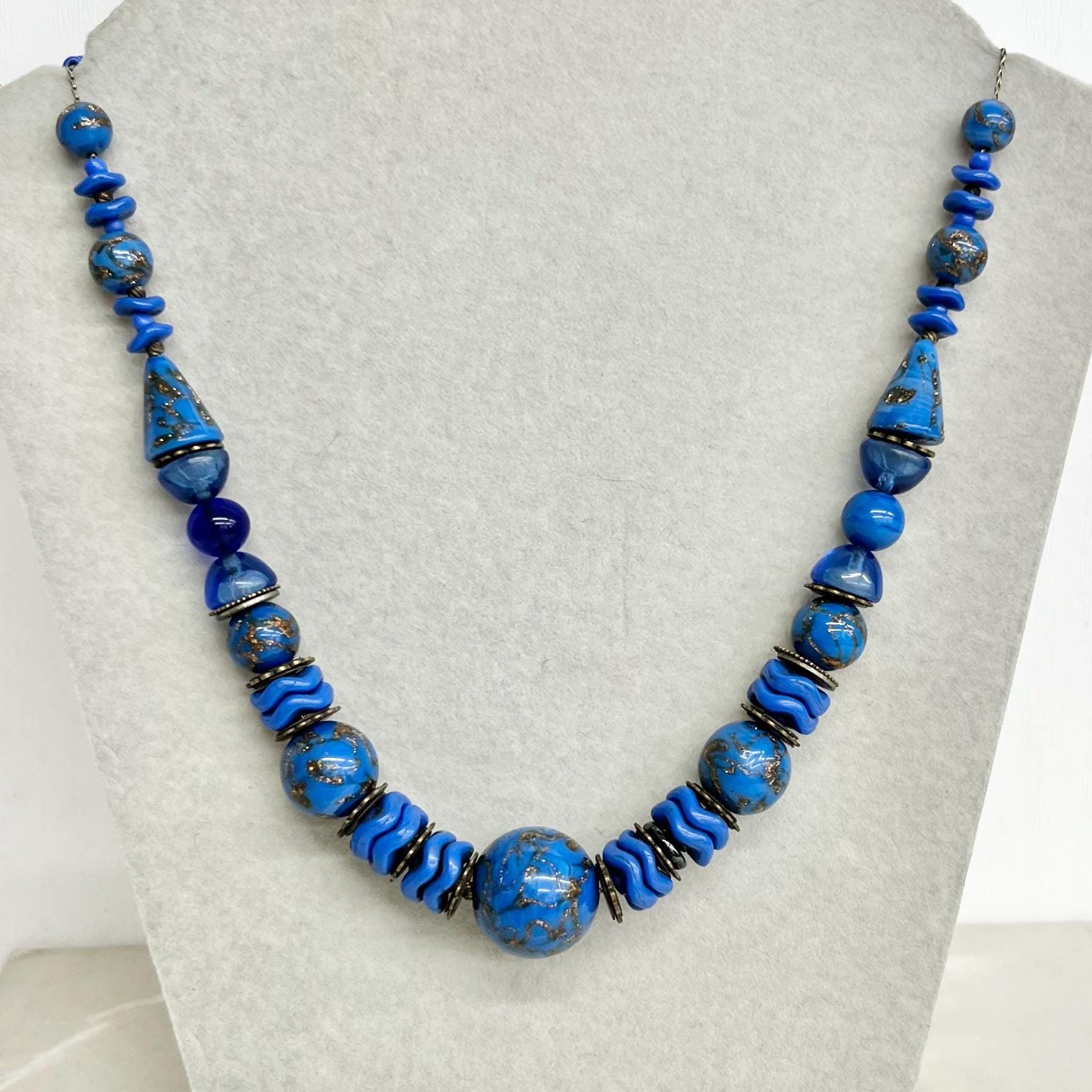 Art Deco Blue Glass Beaded Necklace with Gold Aventurine Shimmer Accents 1930s Vintage Jewelry MillyOliverVintage