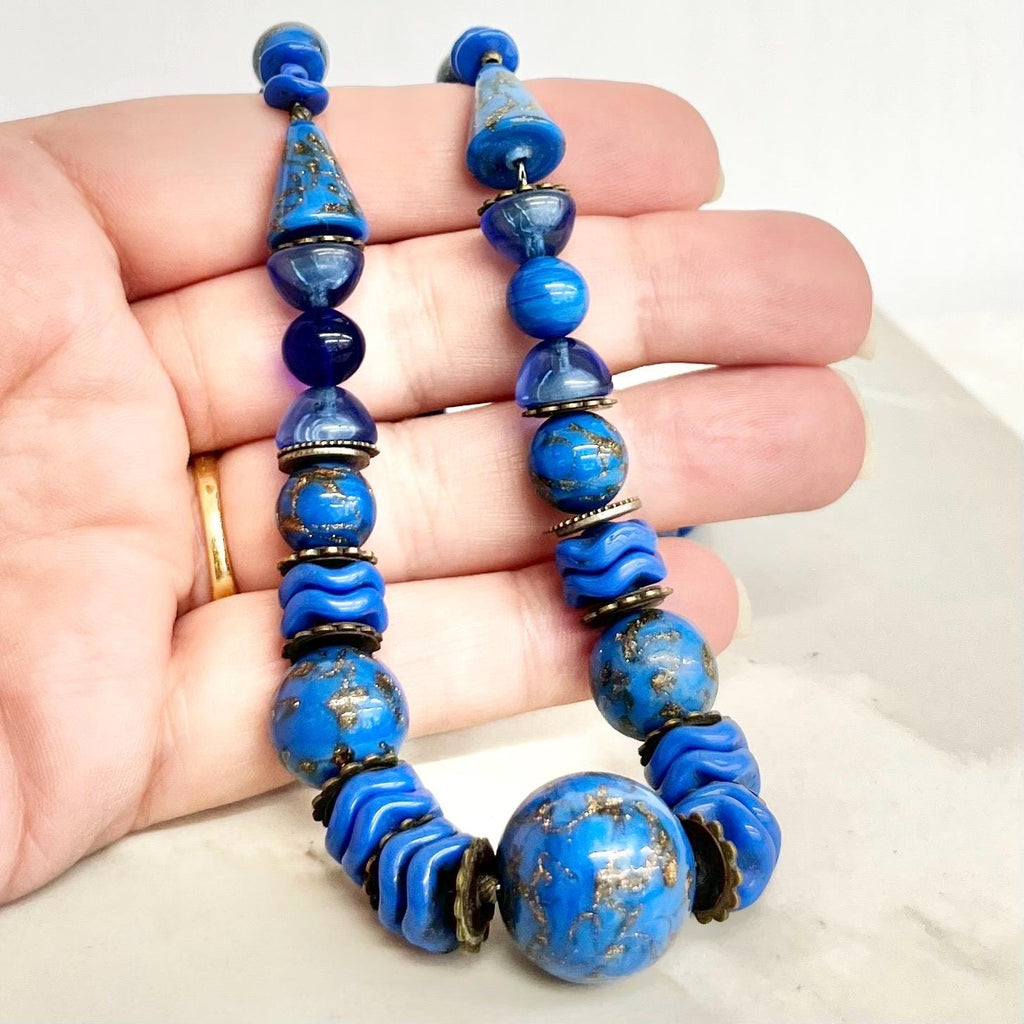 Art Deco Blue Glass Beaded Necklace with Gold Aventurine Shimmer Accents 1930s Vintage Jewelry MillyOliverVintage