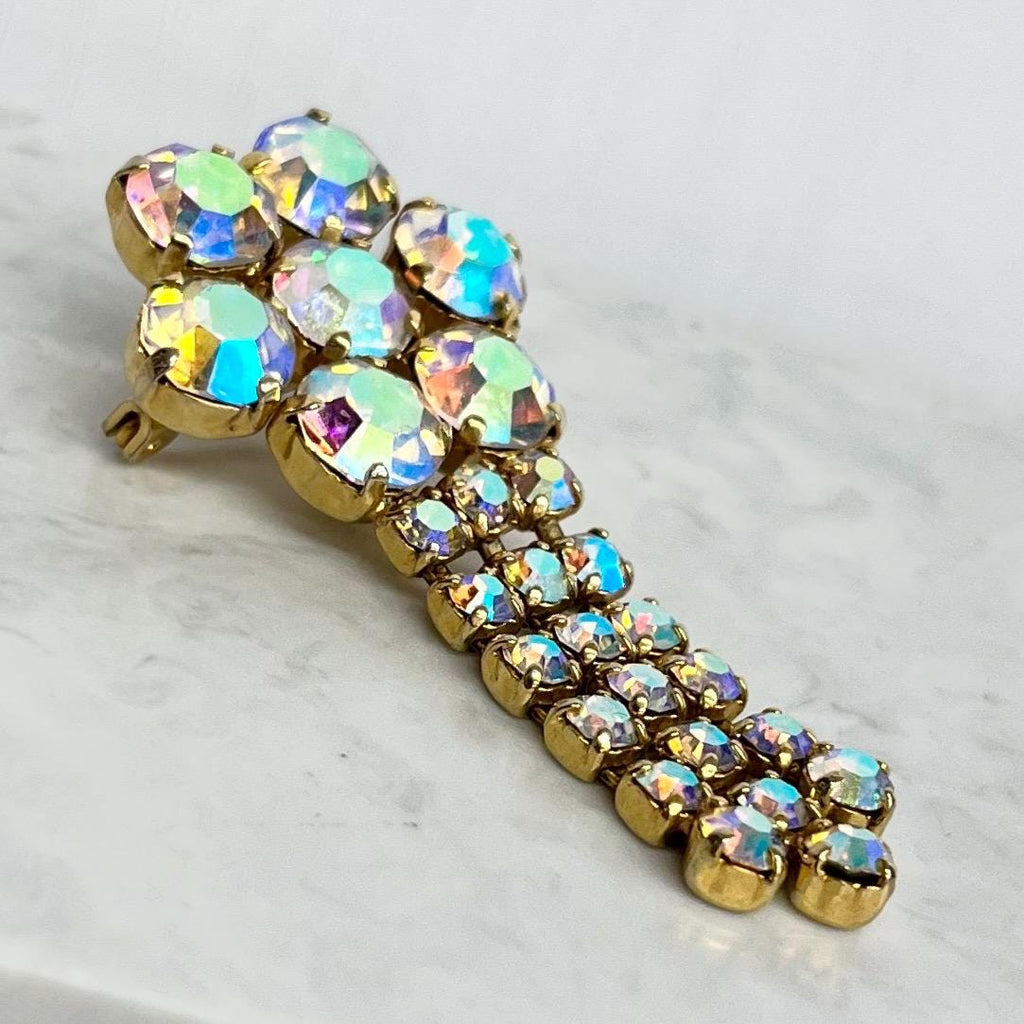 Vintage Aurora Borealis Austrian Crystal Three Tassle Drop Brooch Gold Plate Statement Piece MillyOliverVintage