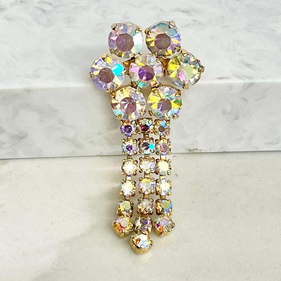Vintage Aurora Borealis Austrian Crystal Three Tassle Drop Brooch Gold Plate Statement Piece MillyOliverVintage