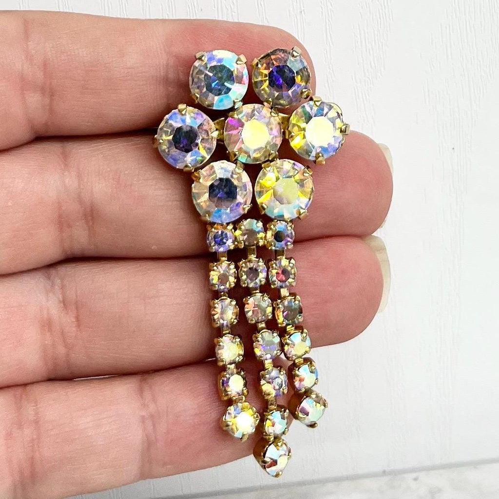 Vintage Aurora Borealis Austrian Crystal Three Tassle Drop Brooch Gold Plate Statement Piece MillyOliverVintage