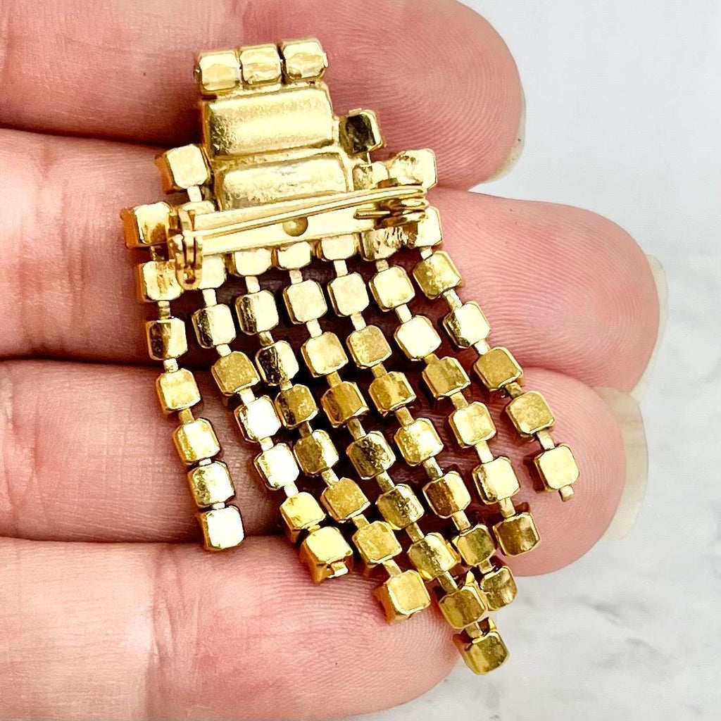 Green Austrian Crystal Brooch Art Deco Style with Seven Tassle Drops Gold Plated MillyOliverVintage