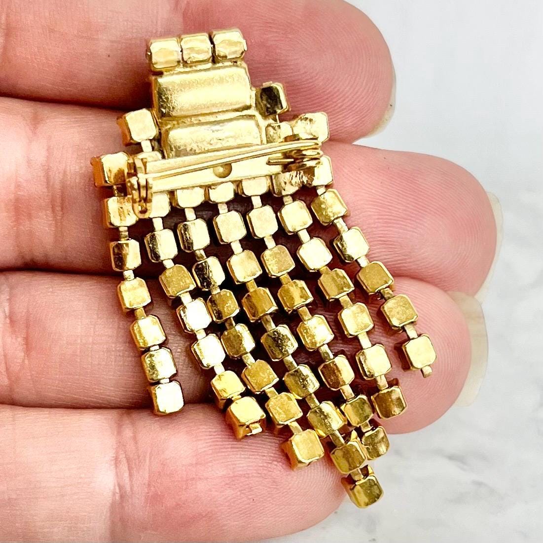 Green Austrian Crystal Brooch Art Deco Style with Seven Tassle Drops Gold Plated MillyOliverVintage