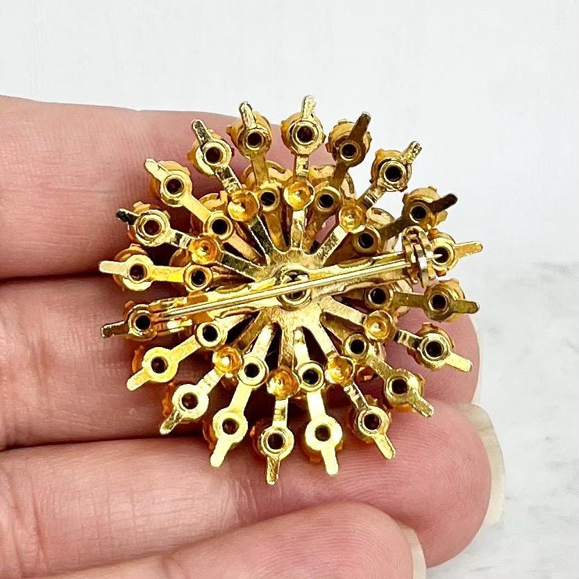 Vintage Amethyst Purple Crystal Flower Brooch Excellent Qualitg Riveted Design Gold Plate MillyOliverVintage