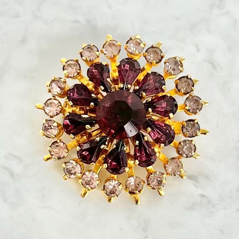 Vintage Amethyst Purple Crystal Flower Brooch Excellent Qualitg Riveted Design Gold Plate MillyOliverVintage
