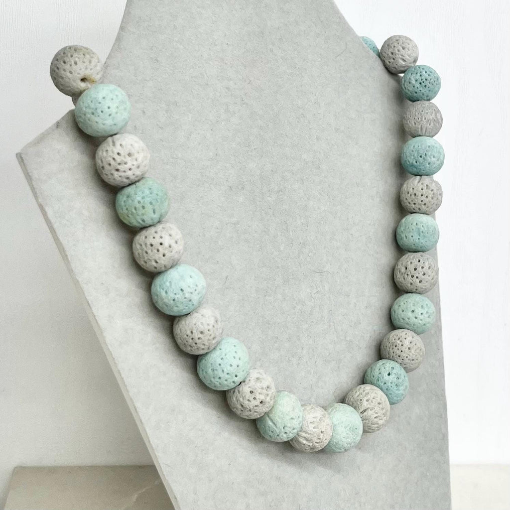 Vintage Chunky Aqua Blue & Light Grey Dyed Coral Bead Necklace with a Brass Barrel Clasp MillyOliverVintage