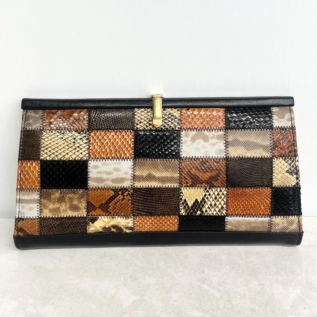 Vintage Real Leather Debonair Snakeskin Effect Large Clutch Bag with a Long Chain Strap Black & Tan MillyOliverVintage